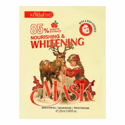 Kormesic Отбеливающая тканевая маска для лица с экстрактом арбутина в новогоднем дизайне 85% Arbutin Extract Nourishing Whitening, 25мл 